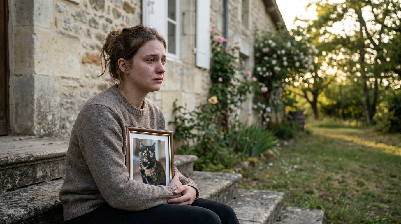 Une femme en larmes regarde une photo de son chat, symbole du deuil et de la quête de justice pour un animal.
