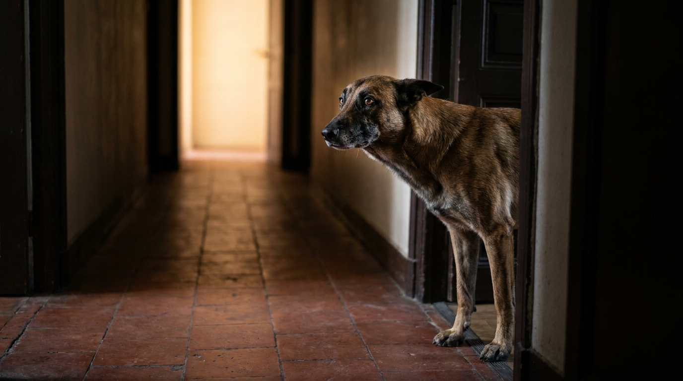 Un chien de race malinois, l'air méfiant mais apaisé, regarde vers la lumière depuis un couloir d'appartement sombre.