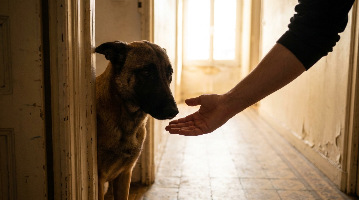 Un jeune chien de race Malinois au regard doux et attentif, assis dans un jardin ensoleillé, symbolisant sa nouvelle vie et son sauvetage.