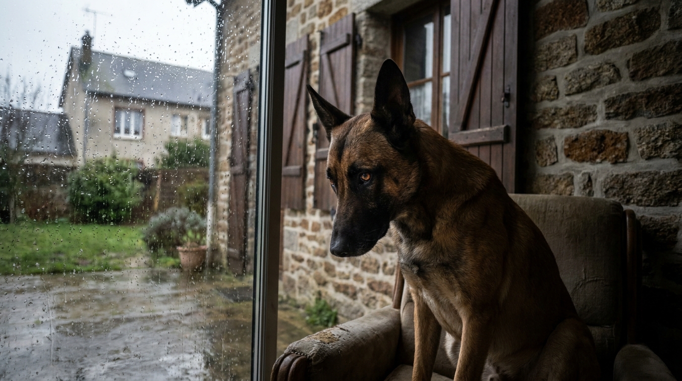 Un chien de race Malinois au regard profondément triste et mélancolique, vu à travers une vitre, symbolisant la solitude et la détresse.