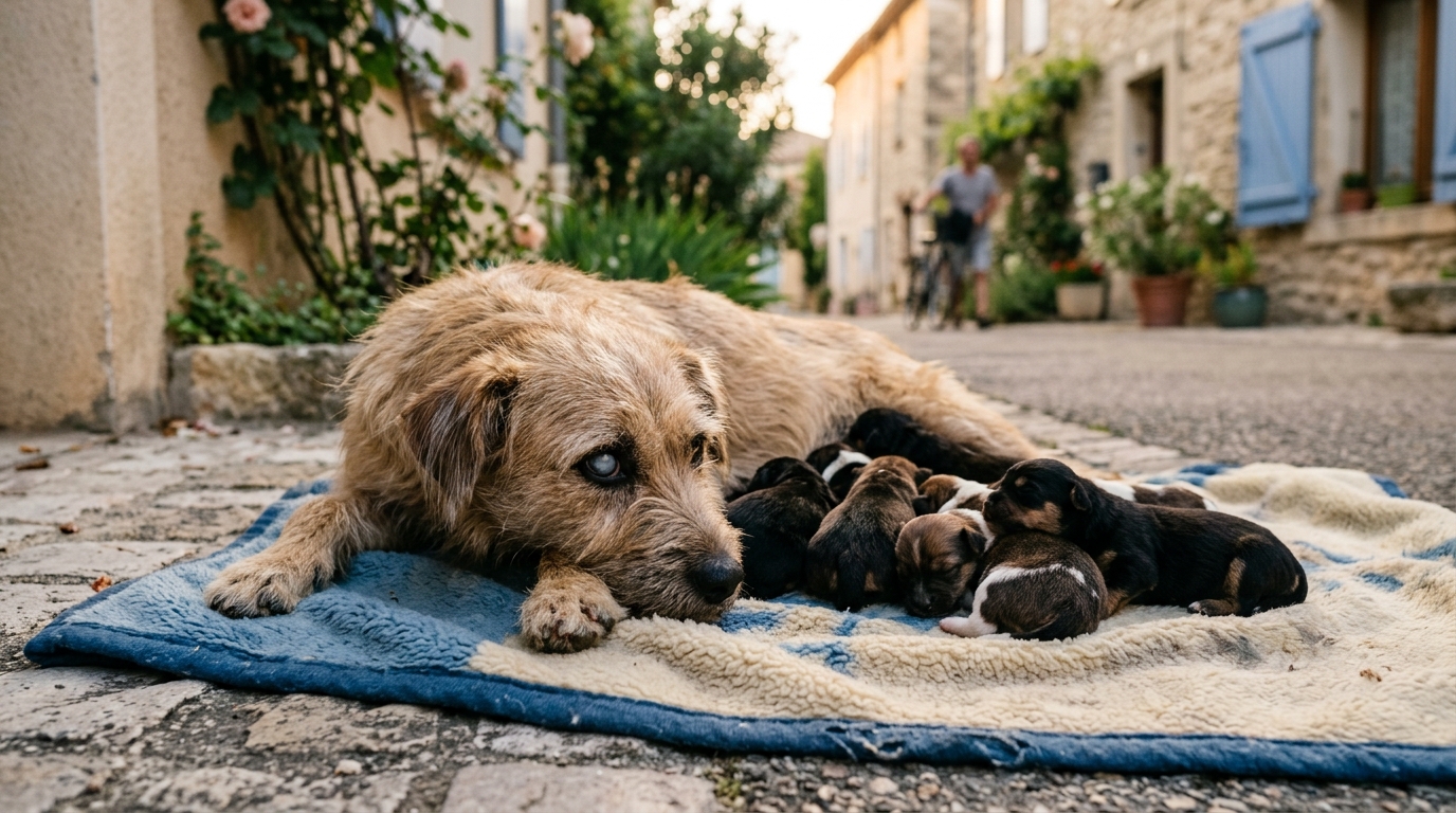 Une maman chienne protégeant ses chiots nouveau-nés sur un trottoir.