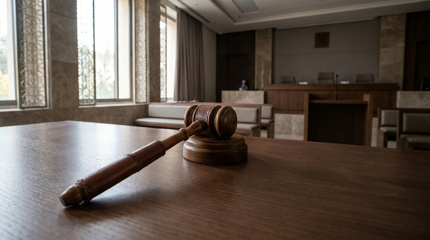 Un marteau de juge en bois est posé sur son socle dans une salle d'audience, symbolisant la décision de justice rendue.
