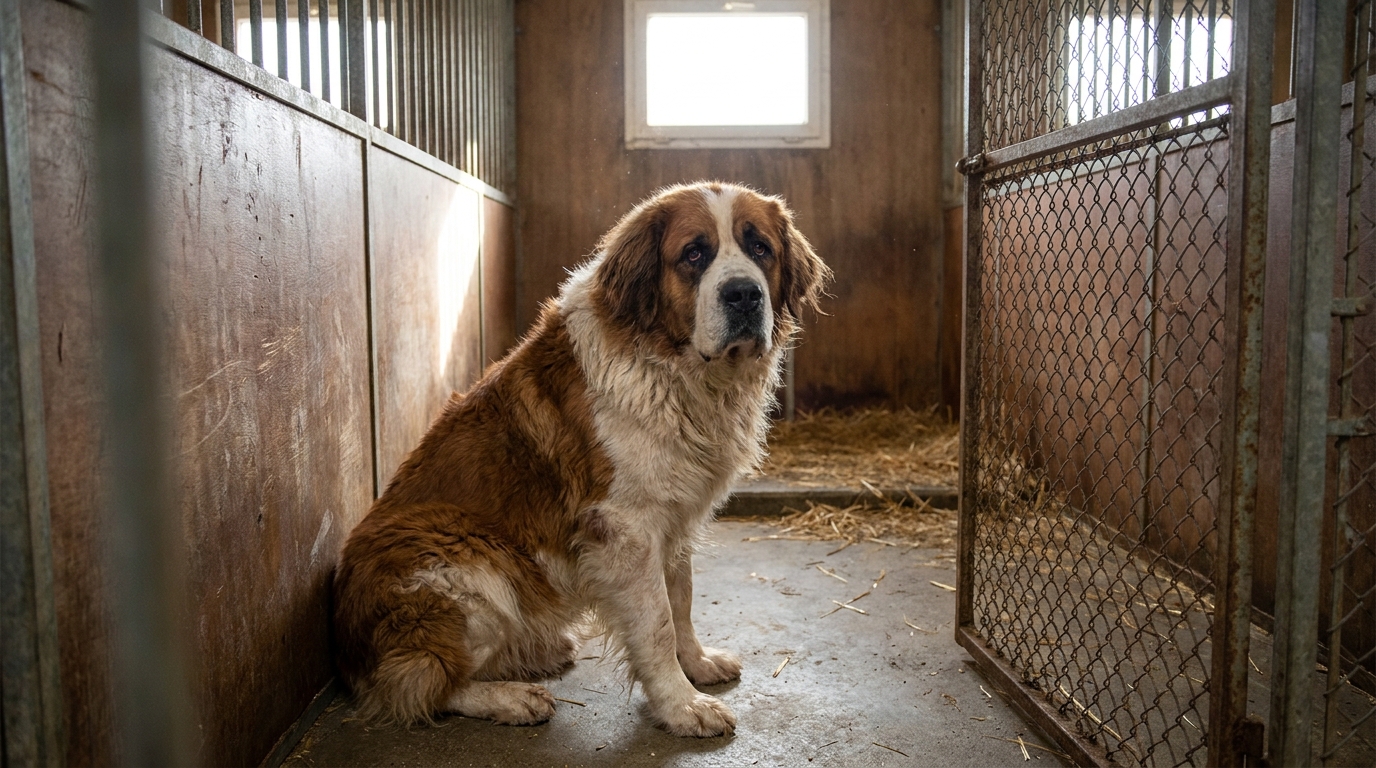 Matis, un grand chien croisé Saint-Bernard au regard doux, assis dans son box au refuge, attendant patiemment l'adoption.