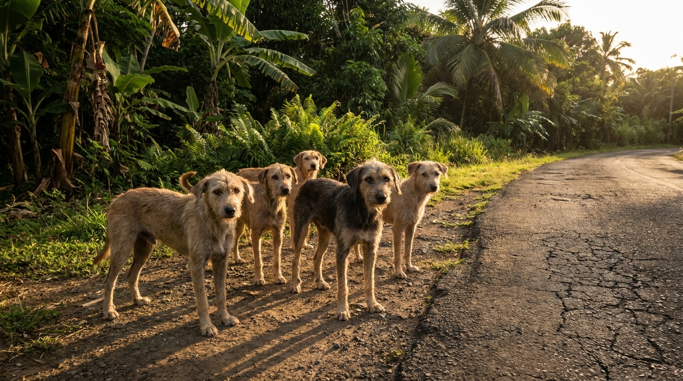 Plusieurs chiens errants au regard méfiant sur une route de campagne en Martinique, avec une végétation luxuriante en arrière-plan.
