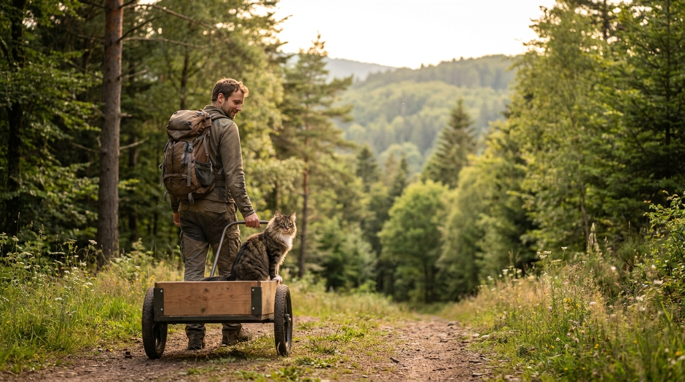 Un homme, Norman Von Schmeling, et sa chatte Framboise posent ensemble sur un sentier de randonnée dans le massif des Vosges.