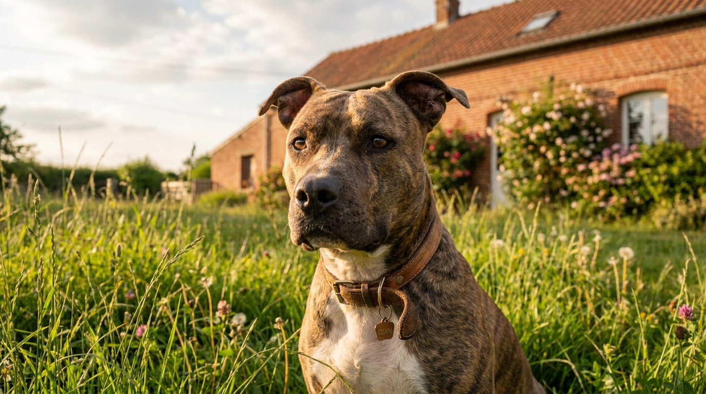 Odin, un chien American Staffordshire Terrier au regard doux, est assis dans un refuge après avoir été sauvé de la maltraitance.