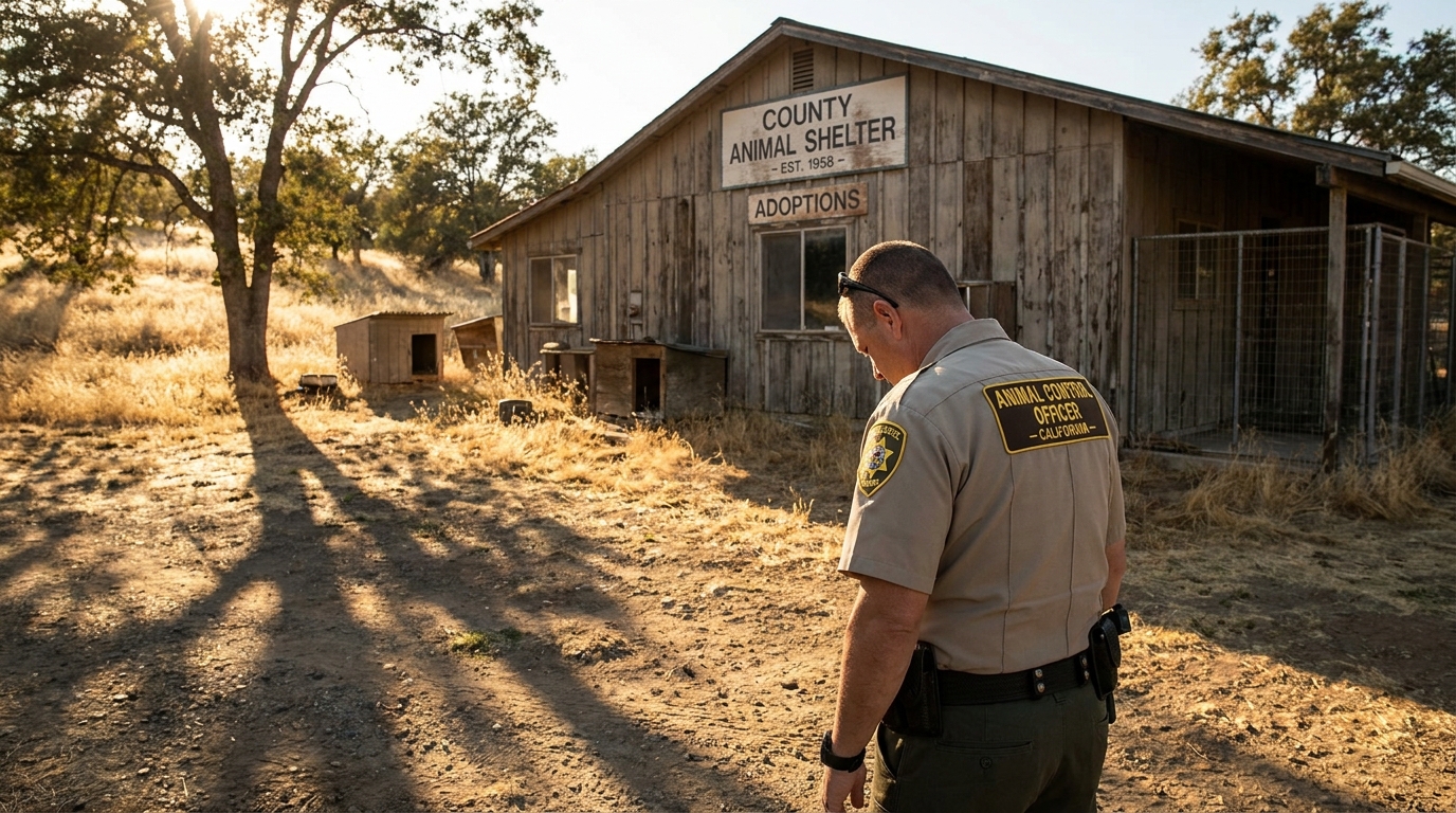 Un agent du contrôle animalier se tient, l'air sombre, devant l'entrée d'un refuge en Californie après une terrible découverte.