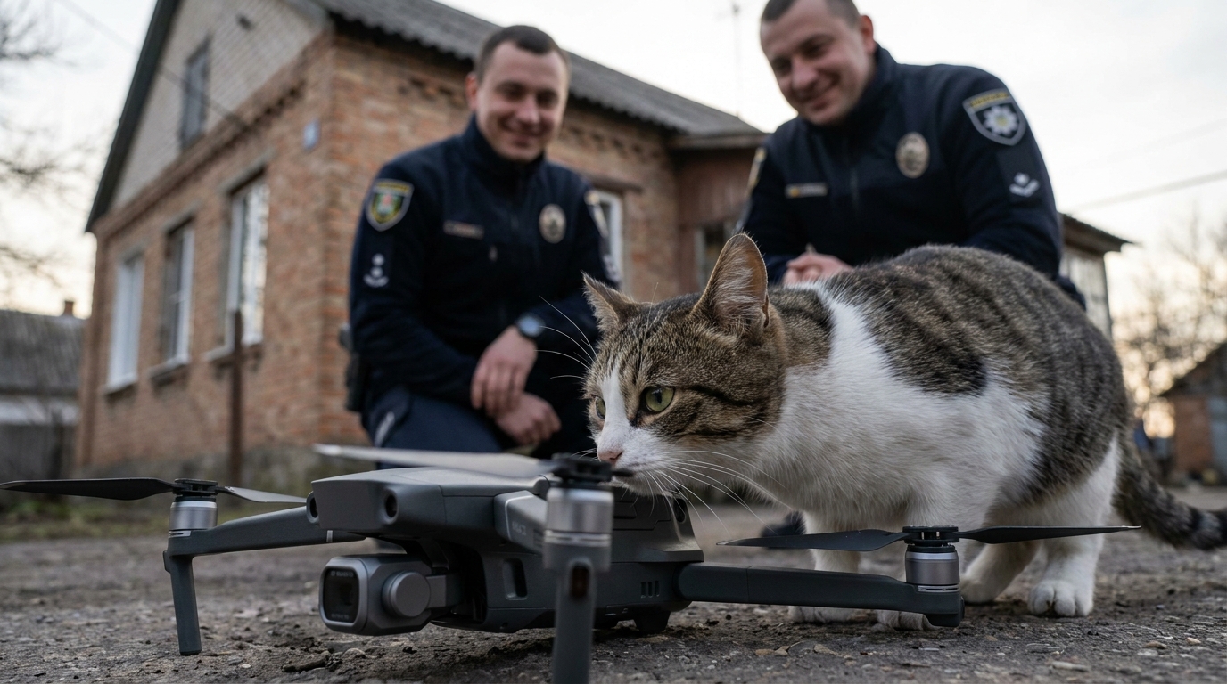 Un chat tigré et blanc examine avec attention un drone posé au sol, sous le regard amusé de policiers en uniforme en Ukraine.