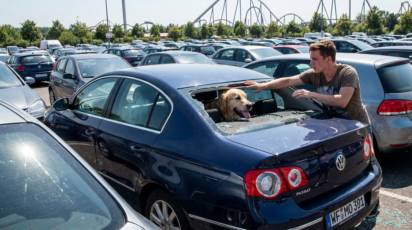 Un Golden Retriever haletant est secouru d'une voiture sur un parking ensoleillé par des passants bienveillants.
