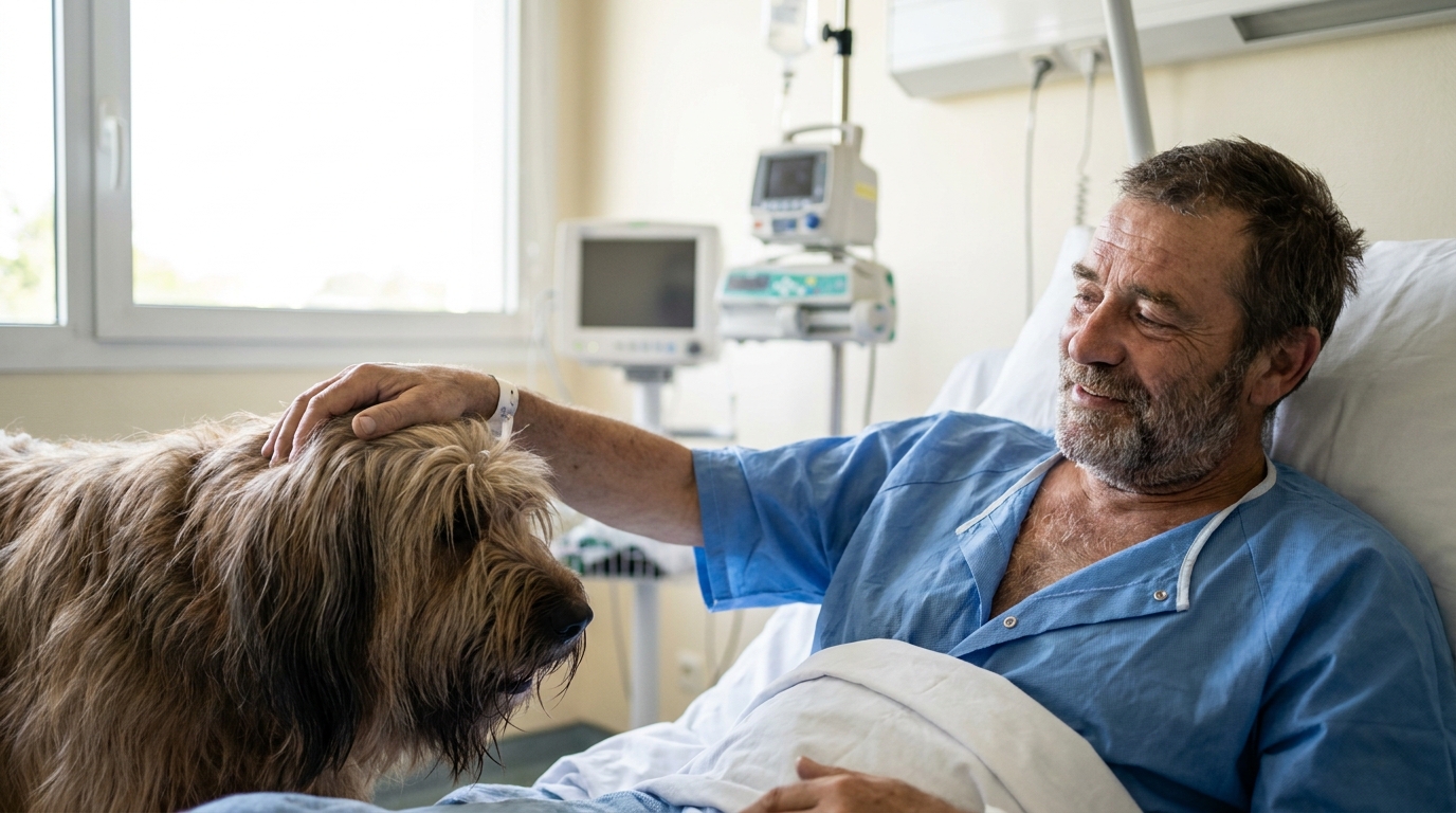 Un homme alité dans une chambre d'hôpital en France sourit en caressant tendrement son grand chien de type Briard, assis près de son lit.