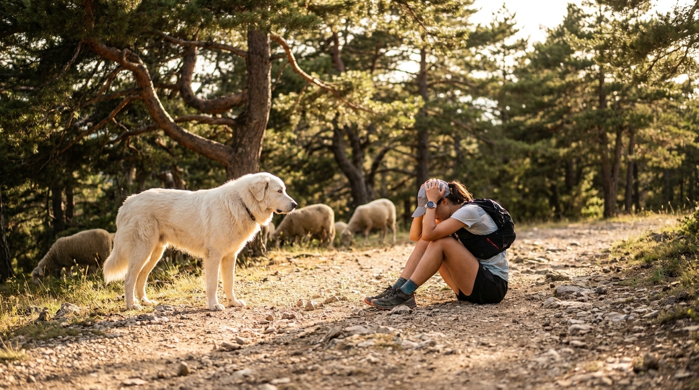Un grand chien de montagne Patou, blanc et majestueux, se tient vigilant près d'un troupeau de brebis dans un paysage des Alpes-Maritimes.