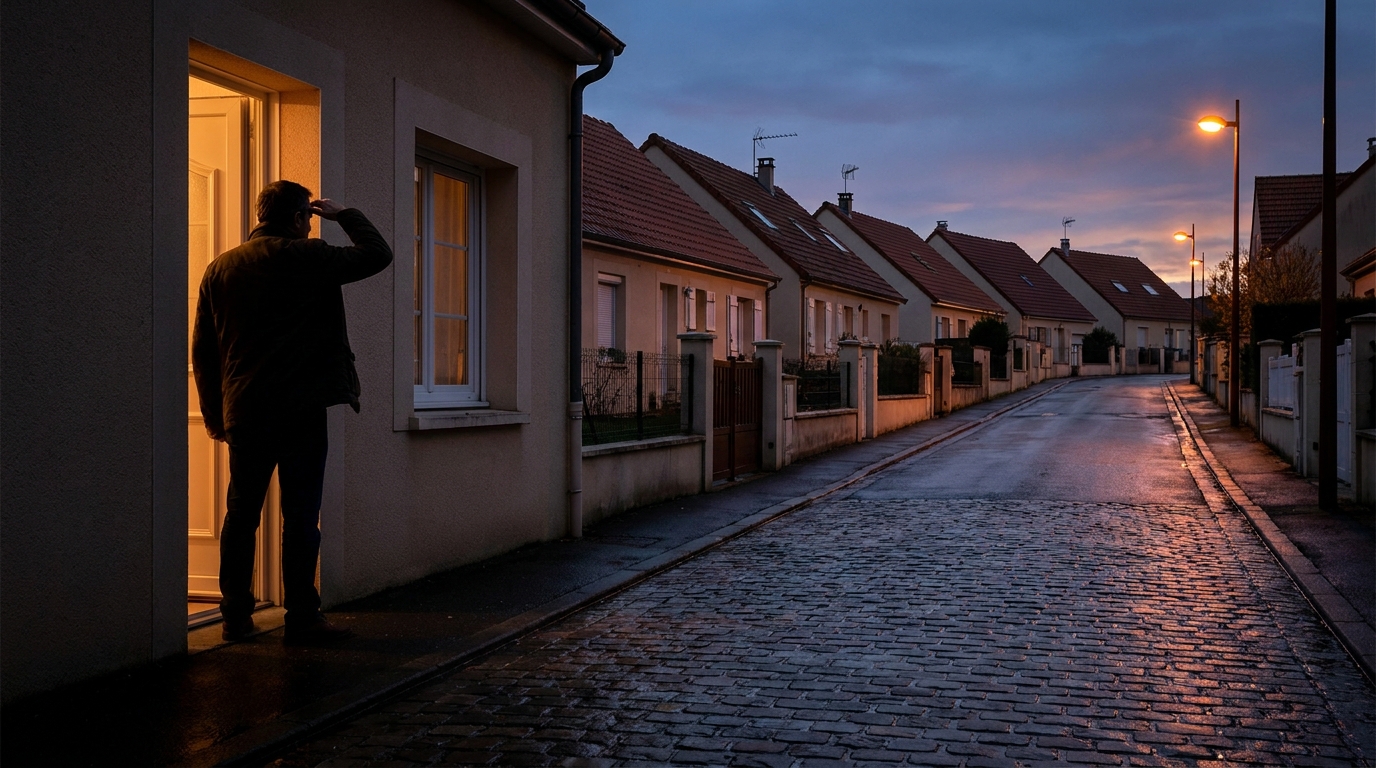 Une personne se tient sur le seuil de sa porte dans un lotissement français et regarde au loin, inquiète de la disparition de son chat.