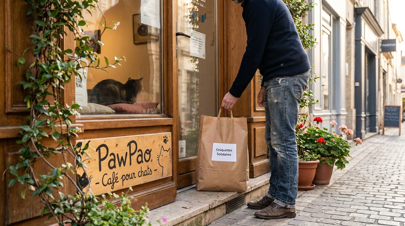 Une personne tend un sac de nourriture pour animaux devant la vitrine d'un café pour chats dans une rue française typique.