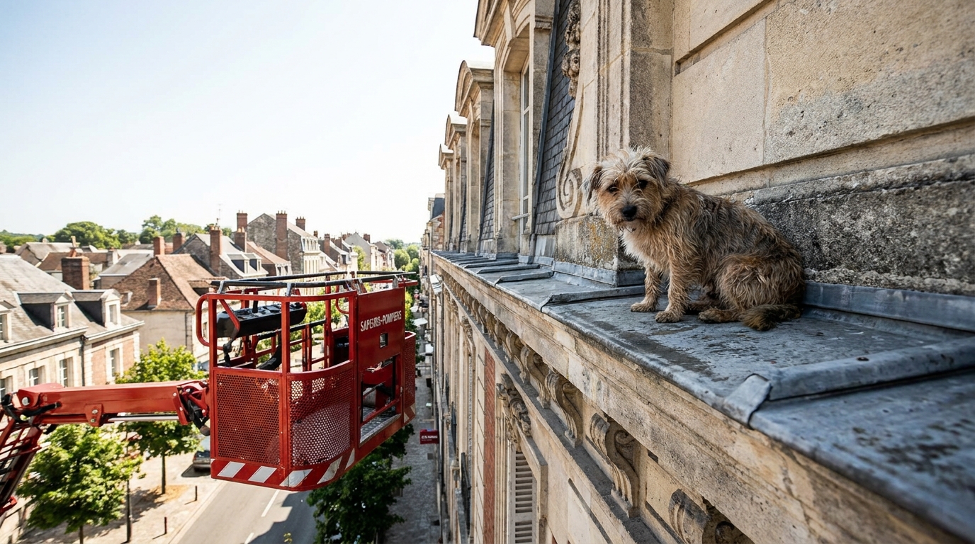 Un petit chien terrorisé se tient sur l'étroite corniche d'un immeuble en pierre, alors qu'une nacelle de pompiers s'approche pour le sauver.