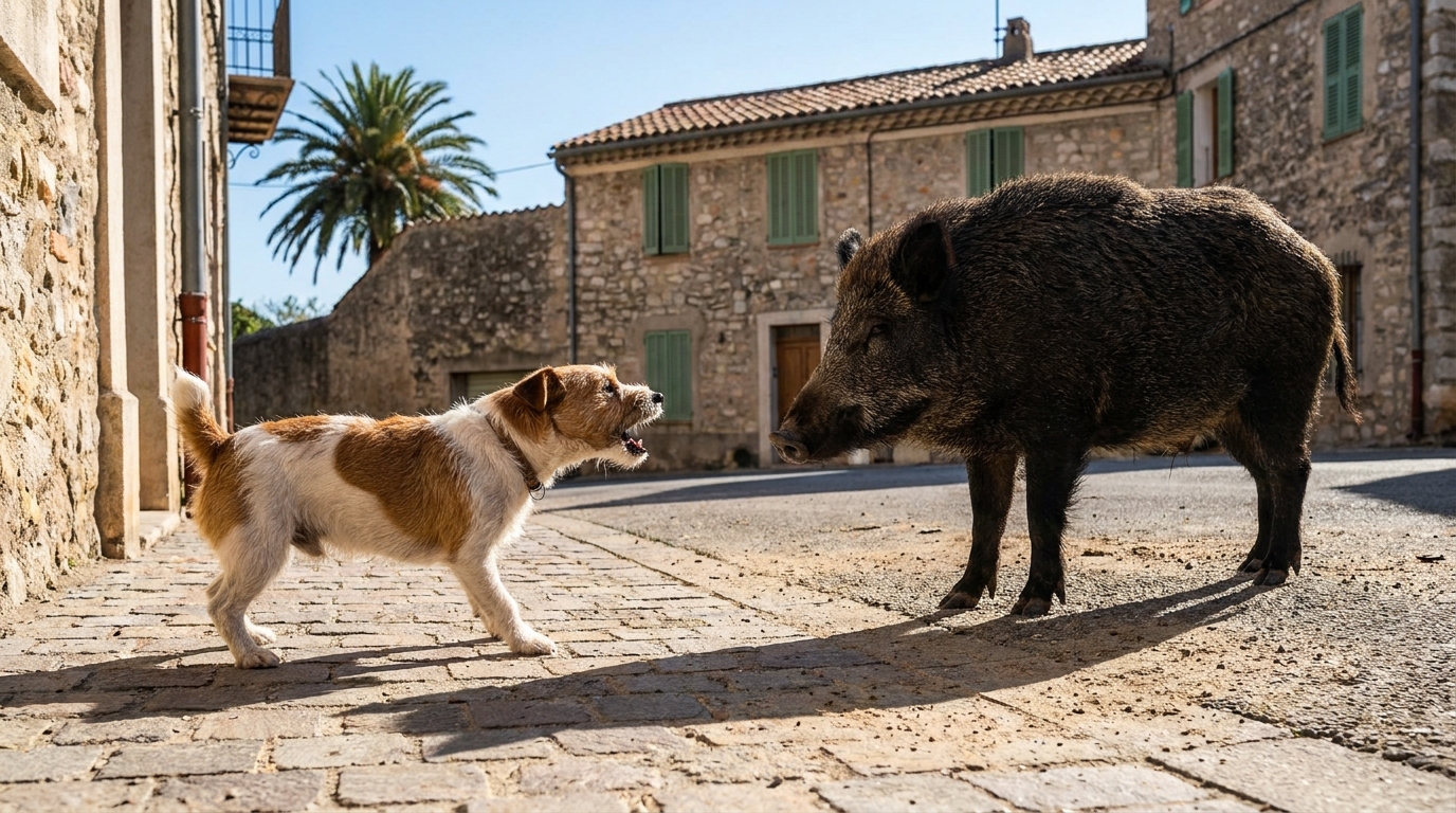 Un petit chien aboie courageusement vers un imposant sanglier sur un trottoir en ville, la tension est palpable.