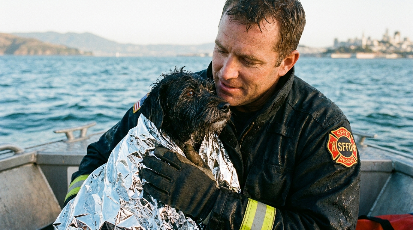Un petit chien noir, mouillé et fatigué mais en sécurité dans les bras d'un pompier après son sauvetage dans la baie.