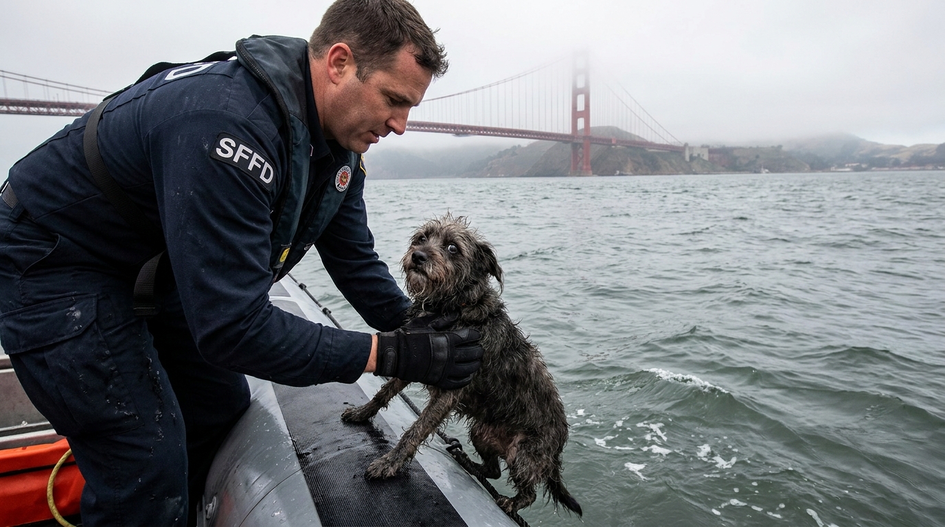 Un petit chien trempé est secouru par un pompier sur un bateau de sauvetage dans la baie de San Francisco.