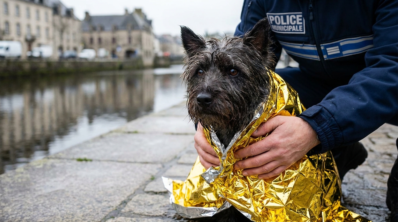 Un petit chien de type terrier, au poil mouillé, est tendrement enveloppé dans une couverture par un policier municipal français.