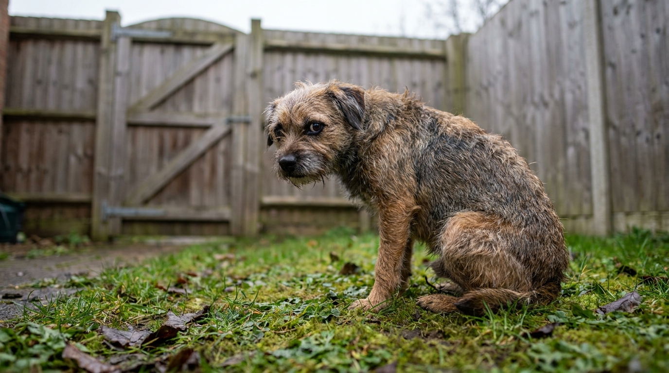 Un petit terrier émacié au regard triste, assis seul dans un jardin britannique devant un haut portail en bois.