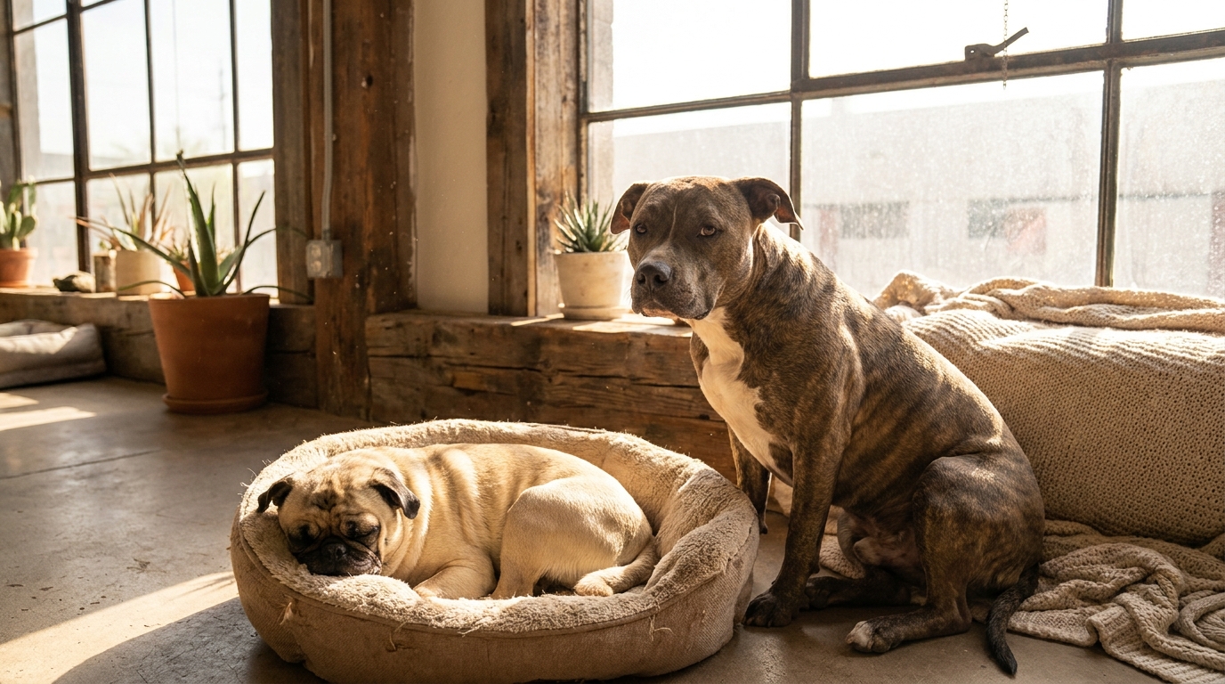 Un chien de type Pitbull au regard doux couché à côté d'un petit Carlin qui se repose dans un panier au sein d'un refuge animalier.