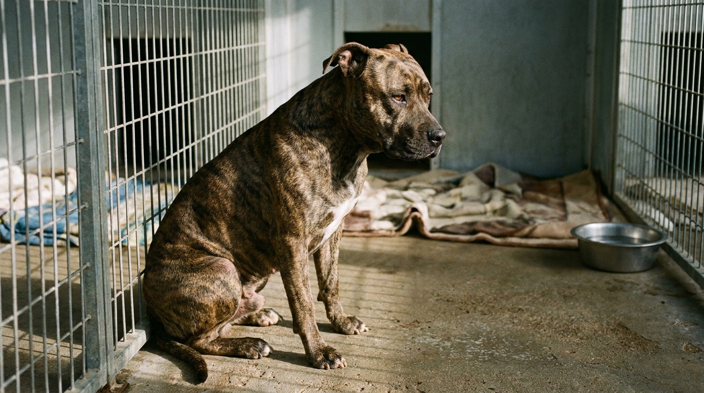 Un pitbull à l'air triste, assis seul dans le box d'un refuge, illustrant le destin incertain du chien Curtis.