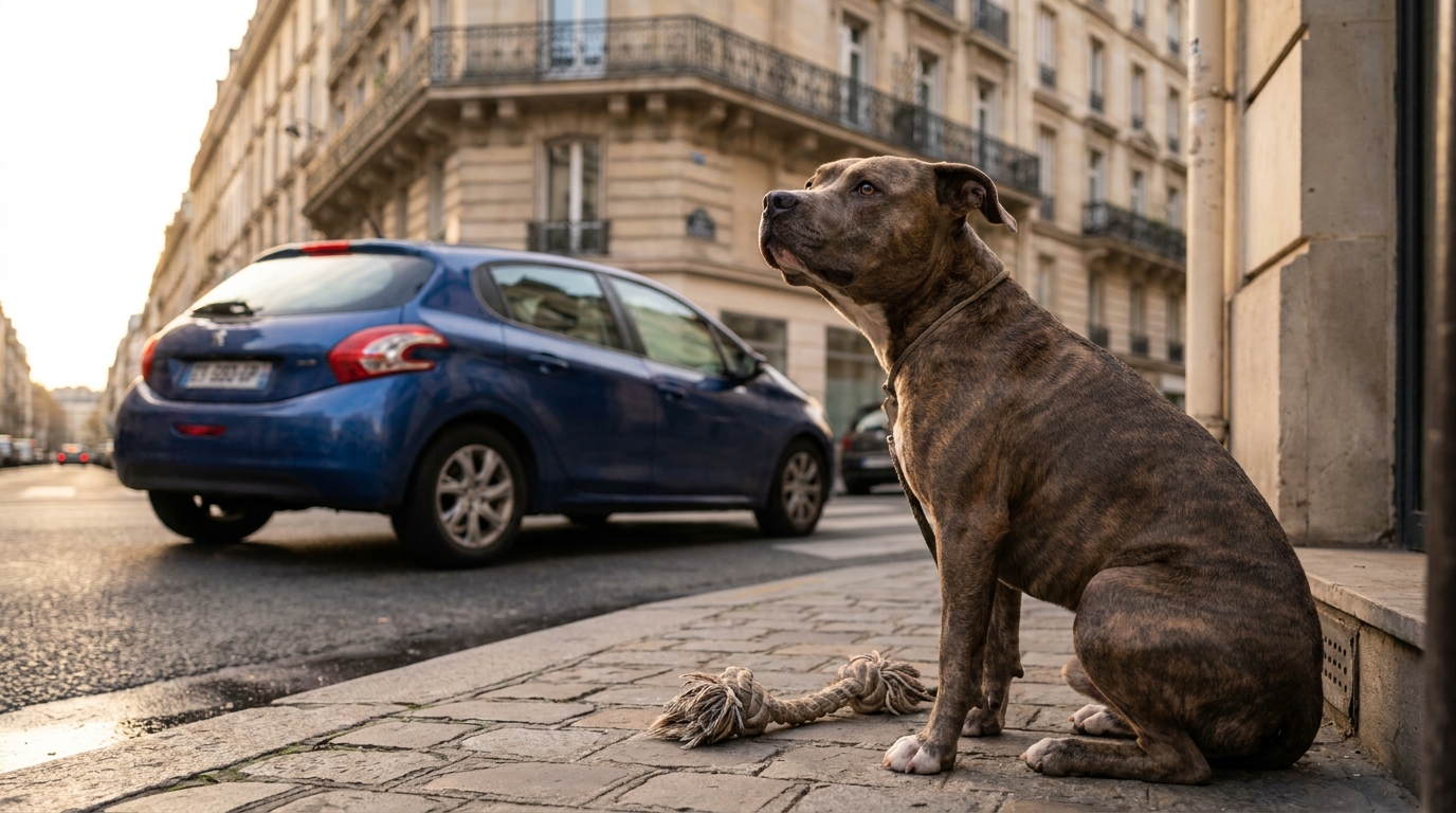 Un Pitbull bringé assis sagement sur un trottoir, le regard fixé sur la circulation, l'air curieux et concentré.