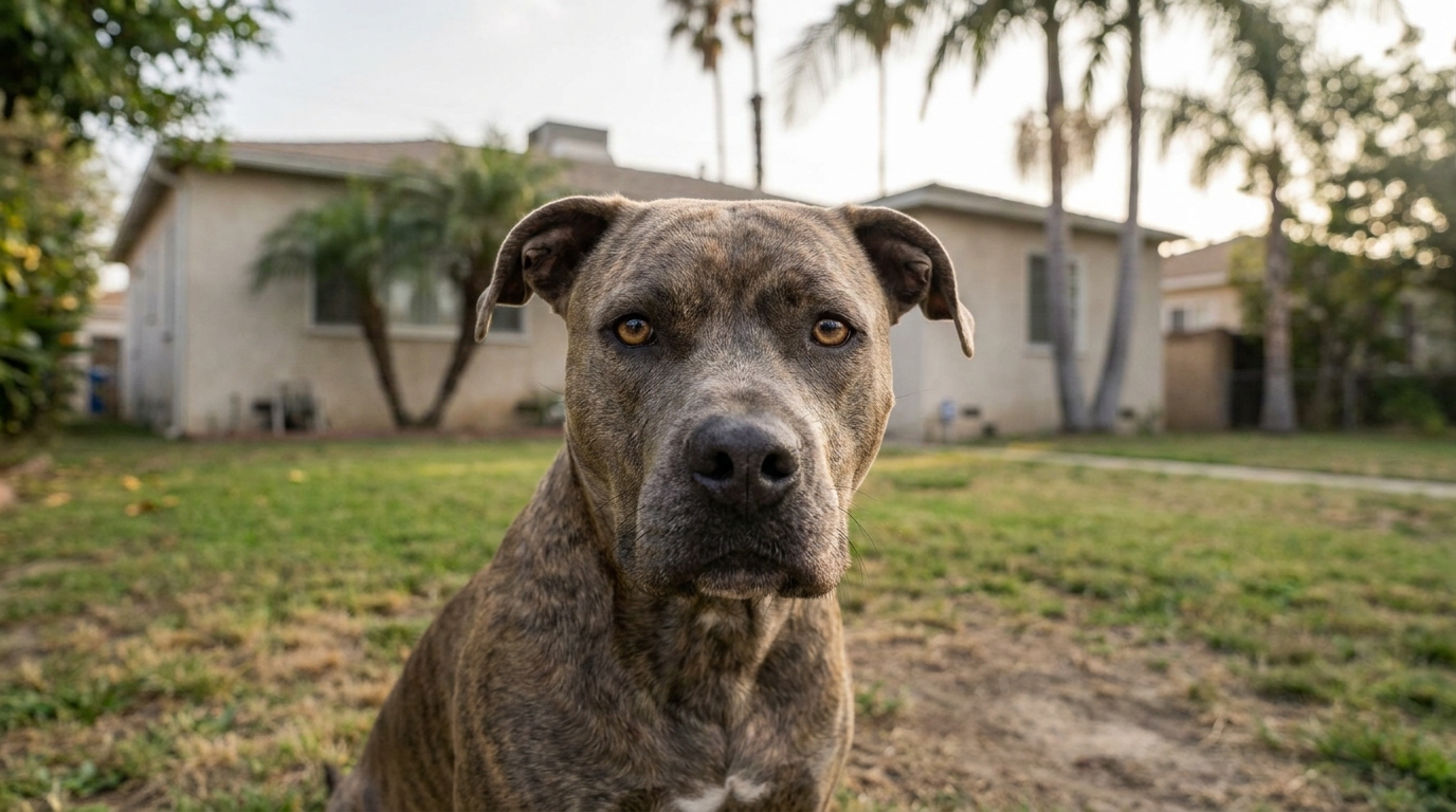 Un chien de type Pitbull au pelage bringé regarde avec espoir à travers les barreaux d'un box de refuge, symbolisant un nouveau départ.
