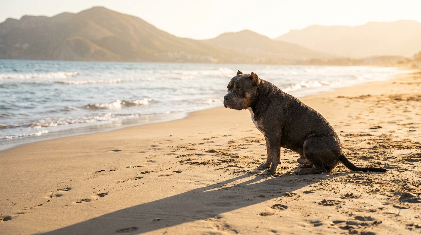 Une plage ensoleillée en Espagne où les chiens sont autorisés, évoquant le lieu du drame survenu à Alicante.
