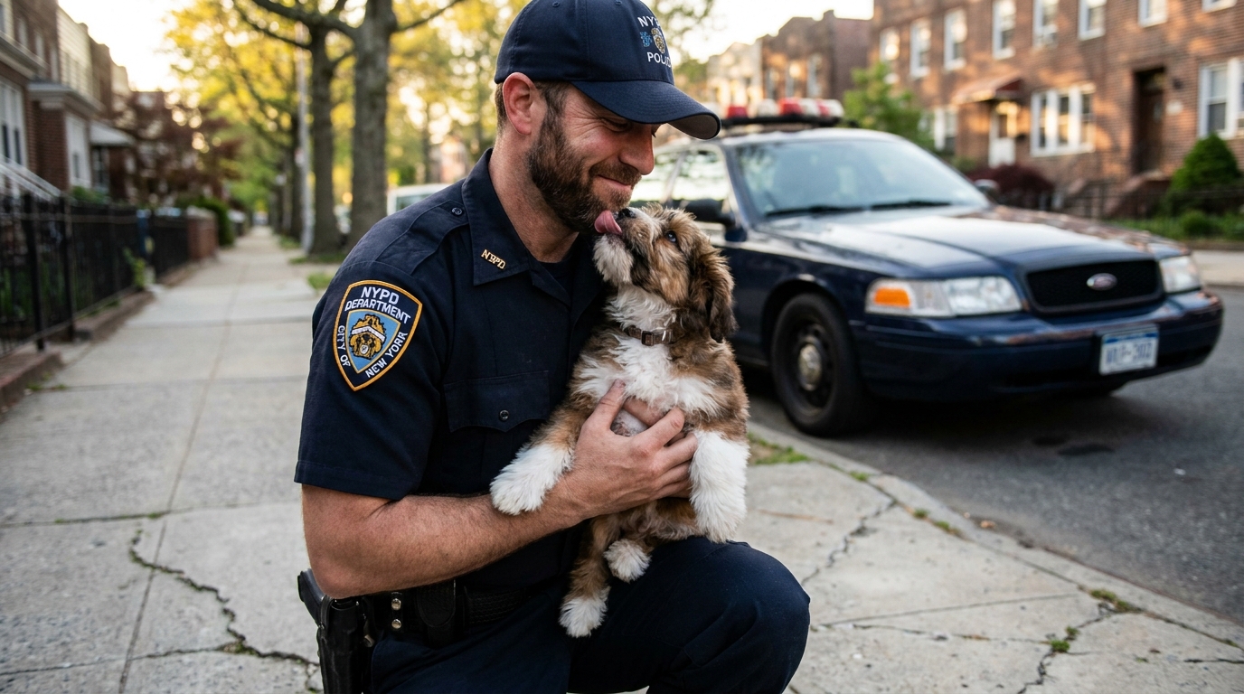 Un policier en uniforme tenant tendrement dans ses bras un petit chiot, illustrant le lien fort et immédiat entre un sauveteur et l'animal qu'il a secouru.