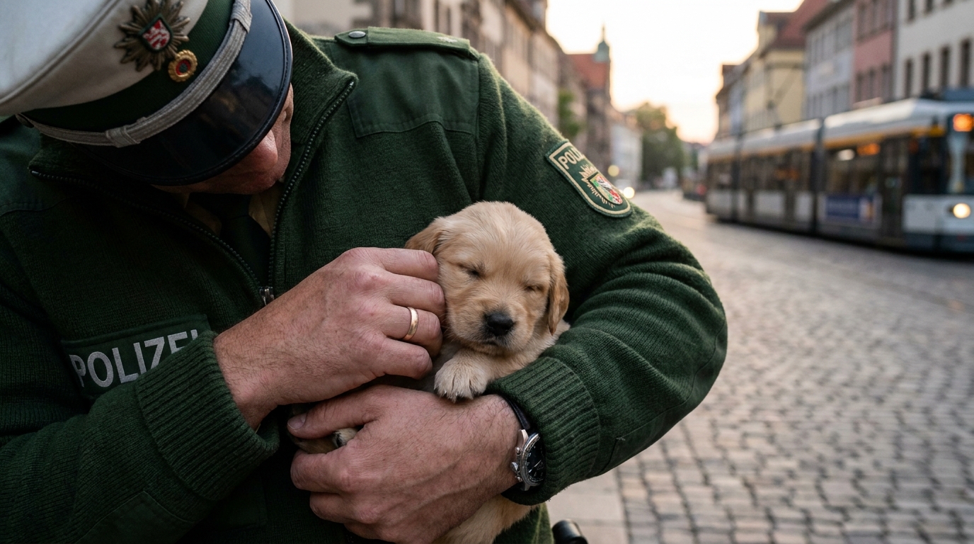 Un policier de Berlin en uniforme tient délicatement dans ses mains un très jeune chiot, l'air concerné et protecteur.