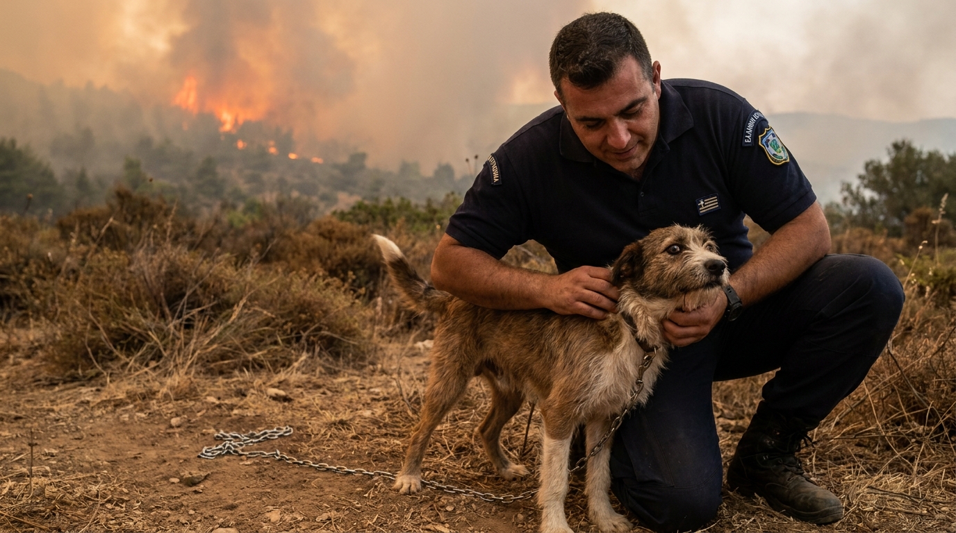 Un policier grec en uniforme porte un chien dans ses bras, avec en arrière-plan un paysage de forêt enfumé par un incendie dévastateur.