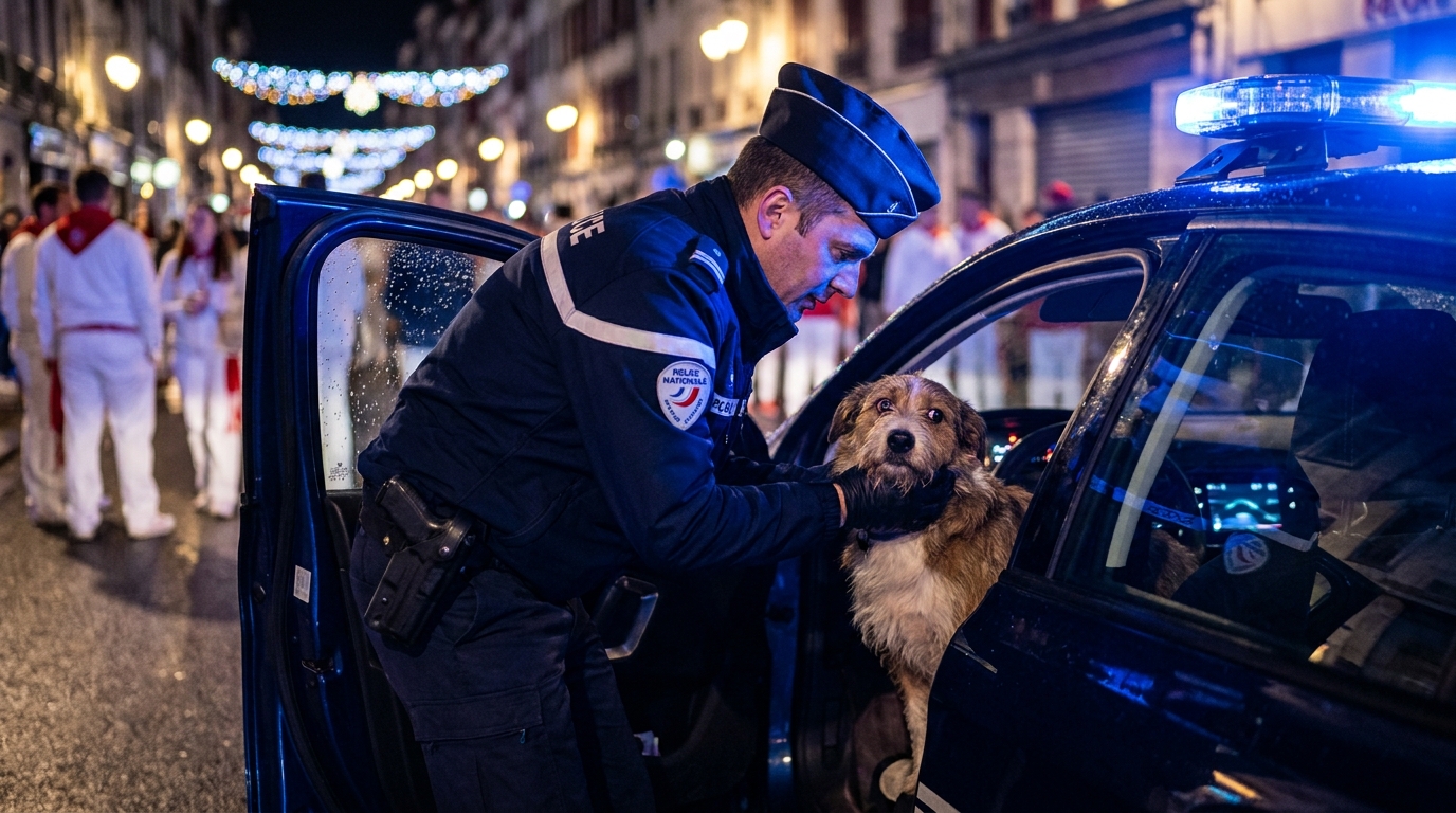 Un policier de la Police Nationale française sort avec précaution un chien d'une voiture la nuit, durant les Fêtes de Bayonne.