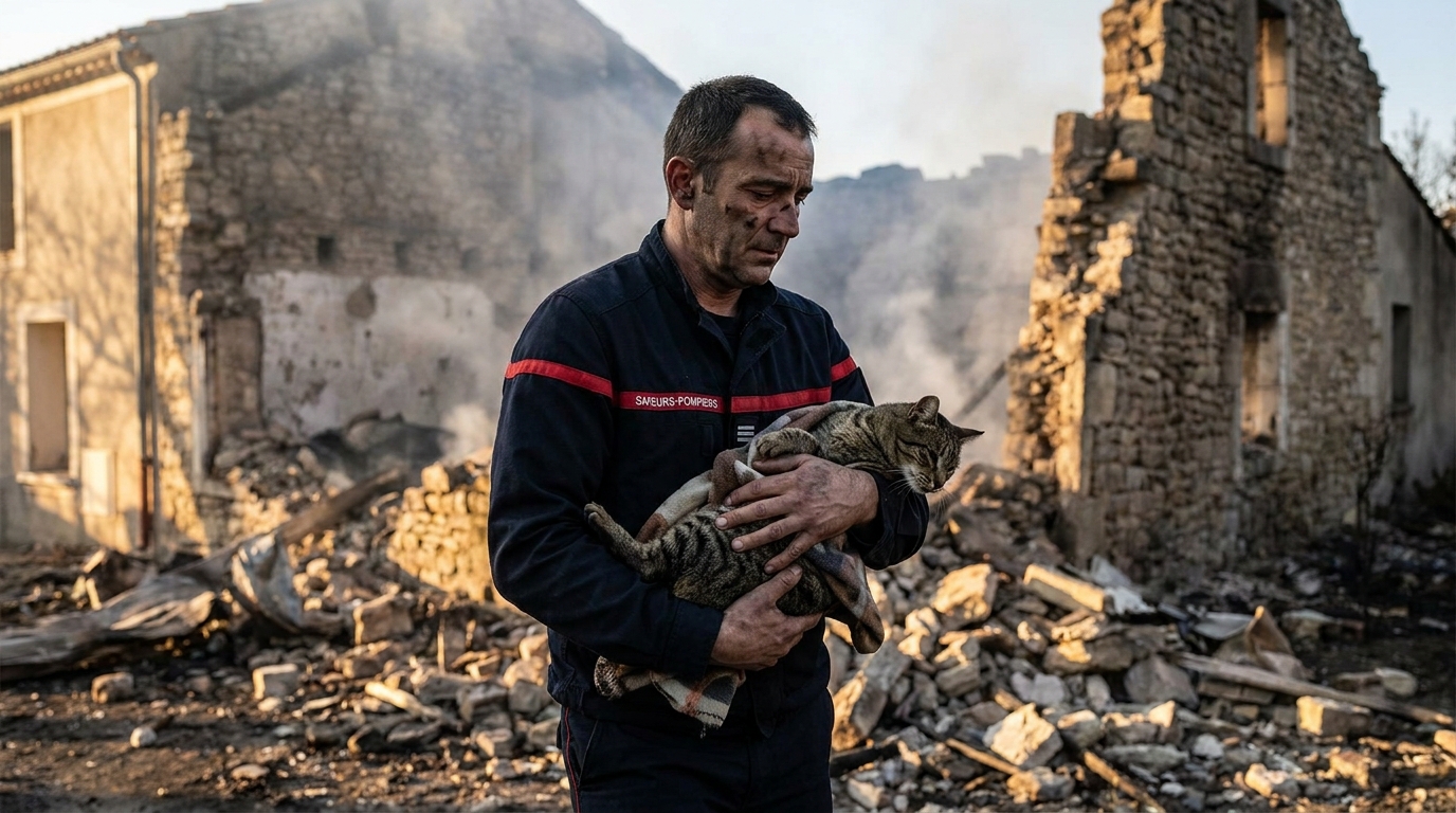 Un sapeur-pompier français en uniforme tient délicatement un chat dans ses bras au milieu des décombres fumants d'une maison incendiée.