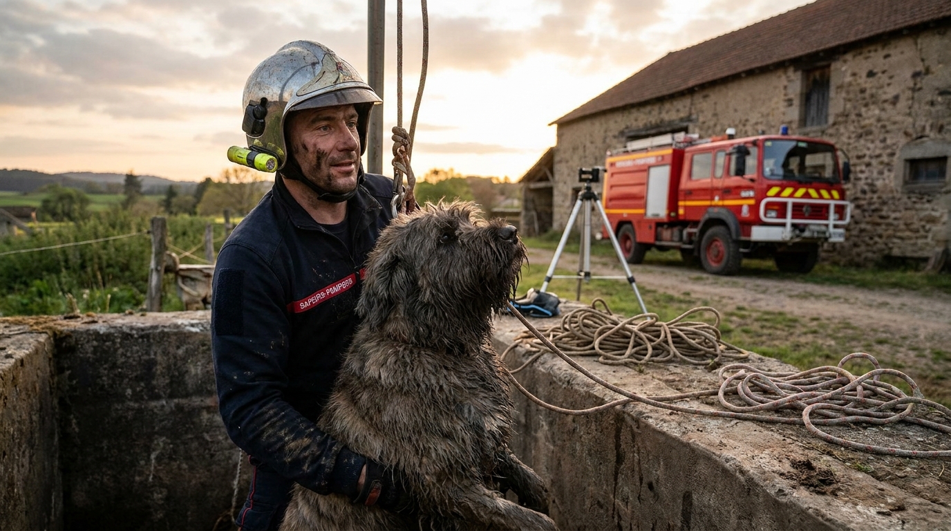 Un sapeur-pompier français en tenue de sauvetage sort délicatement un chien bouvier d'une situation périlleuse, illustrant un sauvetage animalier.
