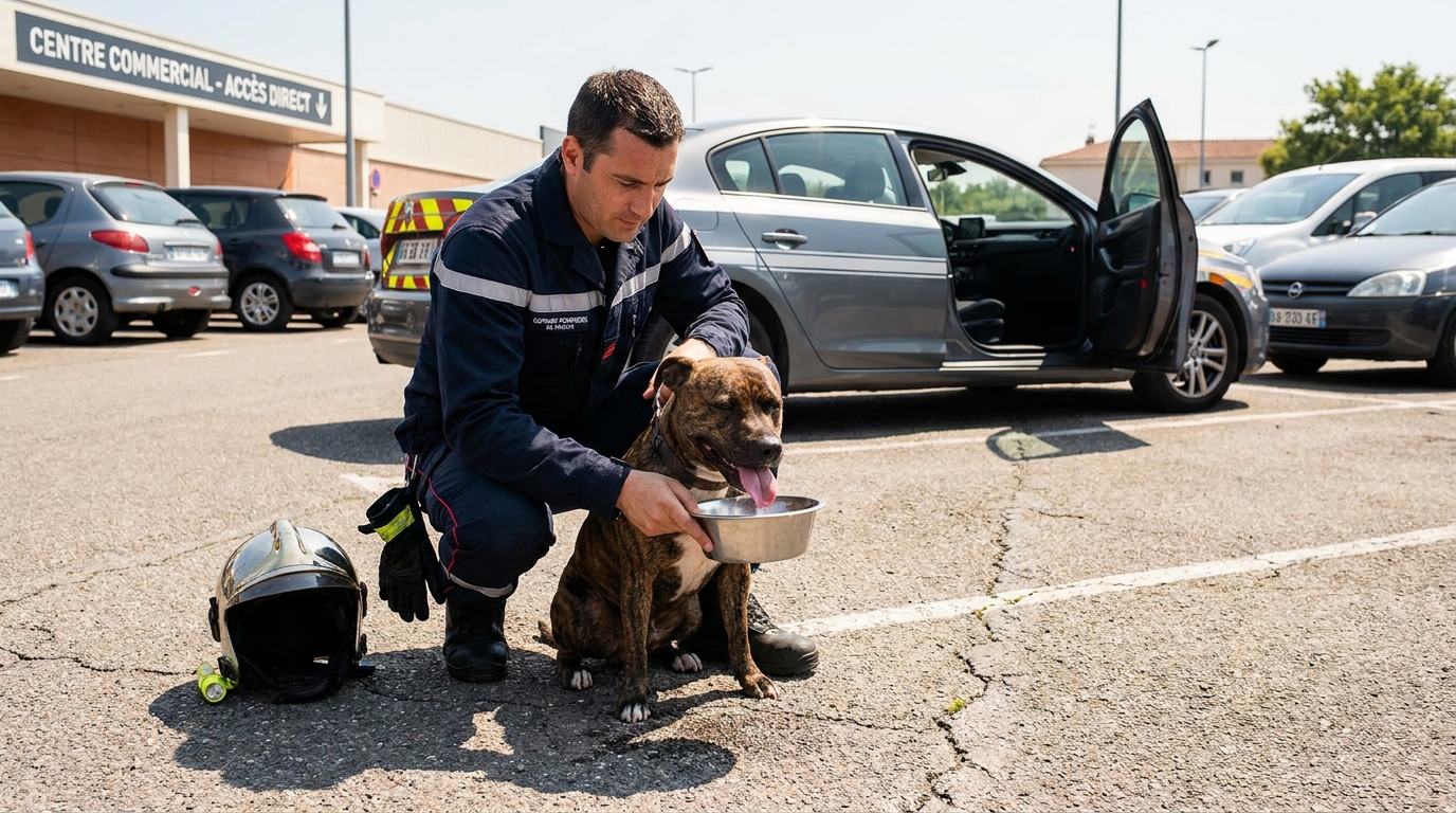 Un pompier français donne de l'eau à un chien de type Staffordshire bull-terrier à côté d'une voiture sur un parking en été.
