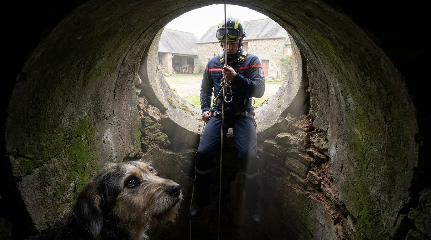 Un pompier français en uniforme descend avec un harnais pour secourir un chien effrayé au fond d'un trou sombre.
