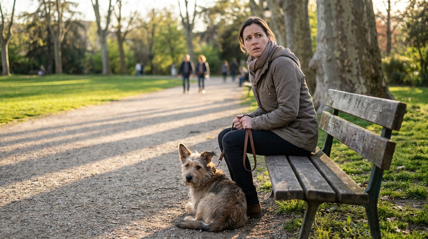 Une femme assise sur un banc dans un parc verdoyant, l'air inquiet, tenant fermement la laisse de son chien qui est couché à ses pieds.
