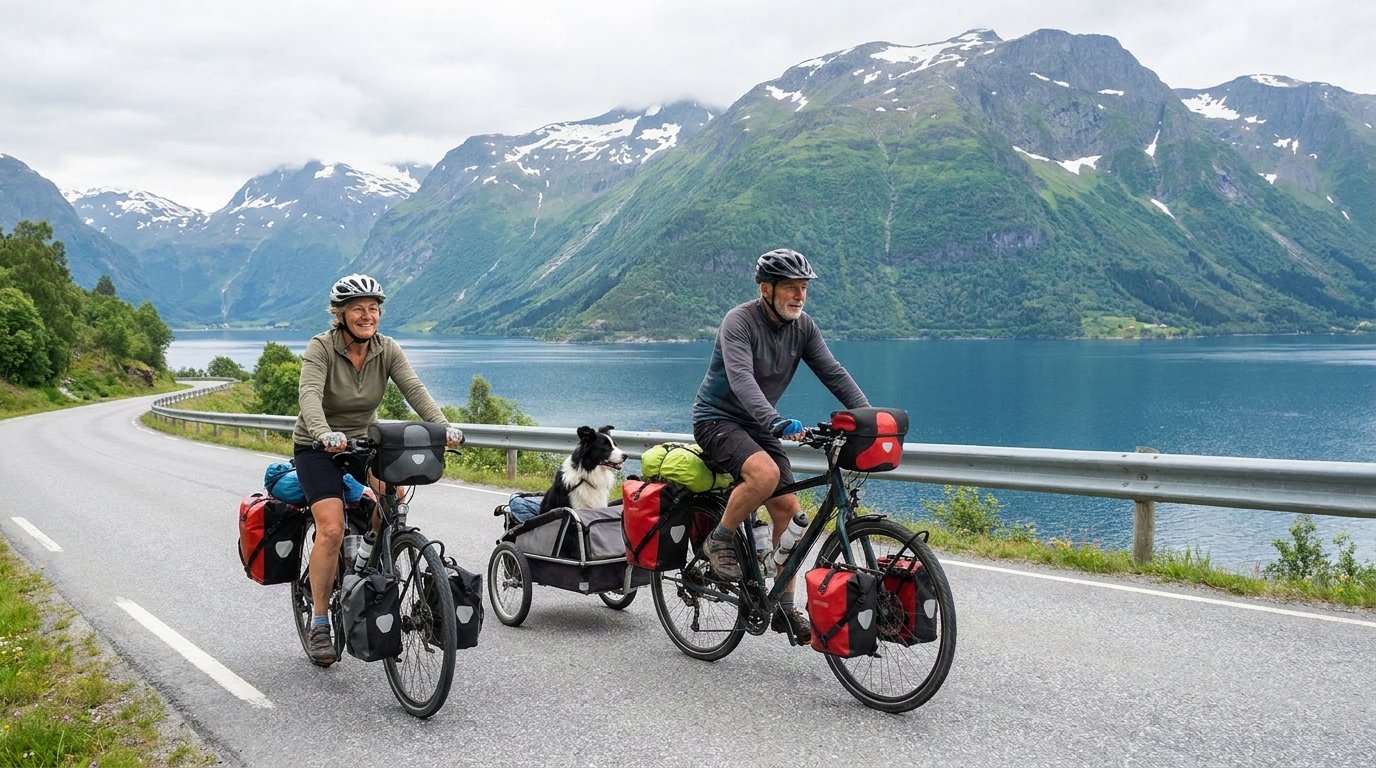 Un couple de retraités à vélo avec leur chien border collie dans une remorque, sur une route sinueuse en Norvège avec un fjord en arrière-plan.