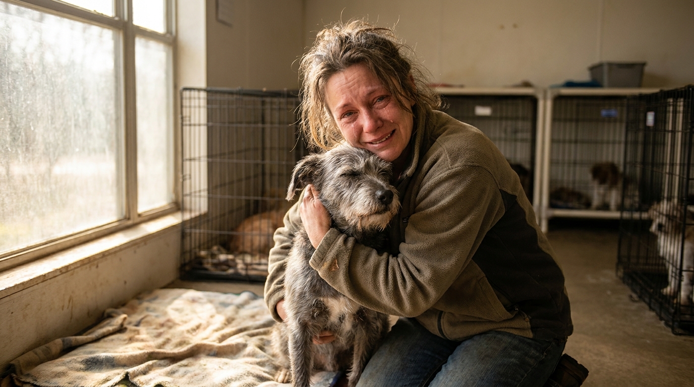 Une femme émue aux larmes serre dans ses bras son vieux chien dans un refuge, symbolisant des retrouvailles inespérées.
