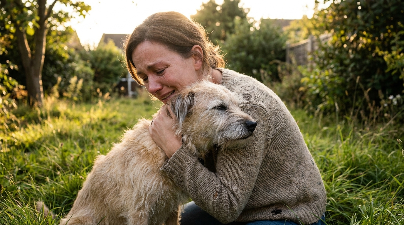 Une femme émue serre dans ses bras un vieux chien au pelage clair, des larmes de joie dans les yeux après de longues années de séparation.