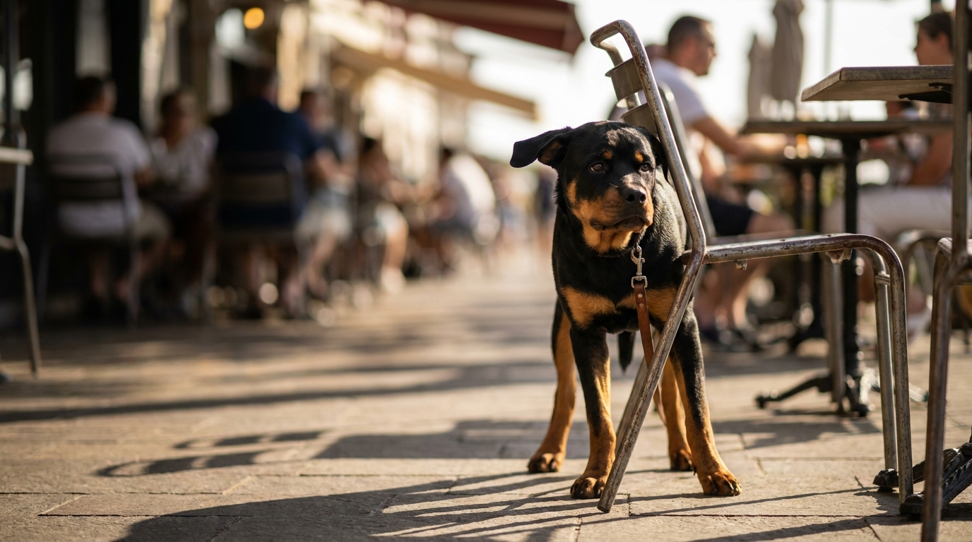 Un jeune chien rottweiler est assis sur la terrasse d'un café en France, attaché par sa laisse à une chaise, le regard attentif.