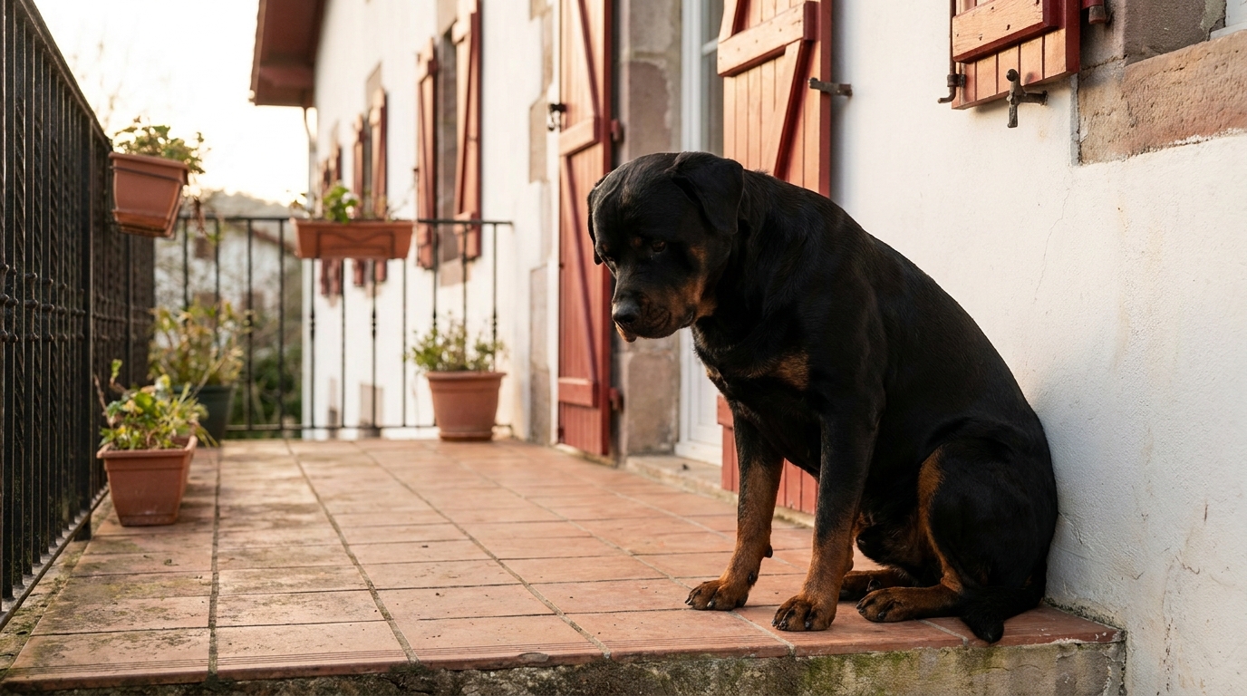 Un chien de race Rottweiler assis, tenu en laisse, avec une expression mélancolique, symbolisant une situation tragique et la responsabilité de son maître.