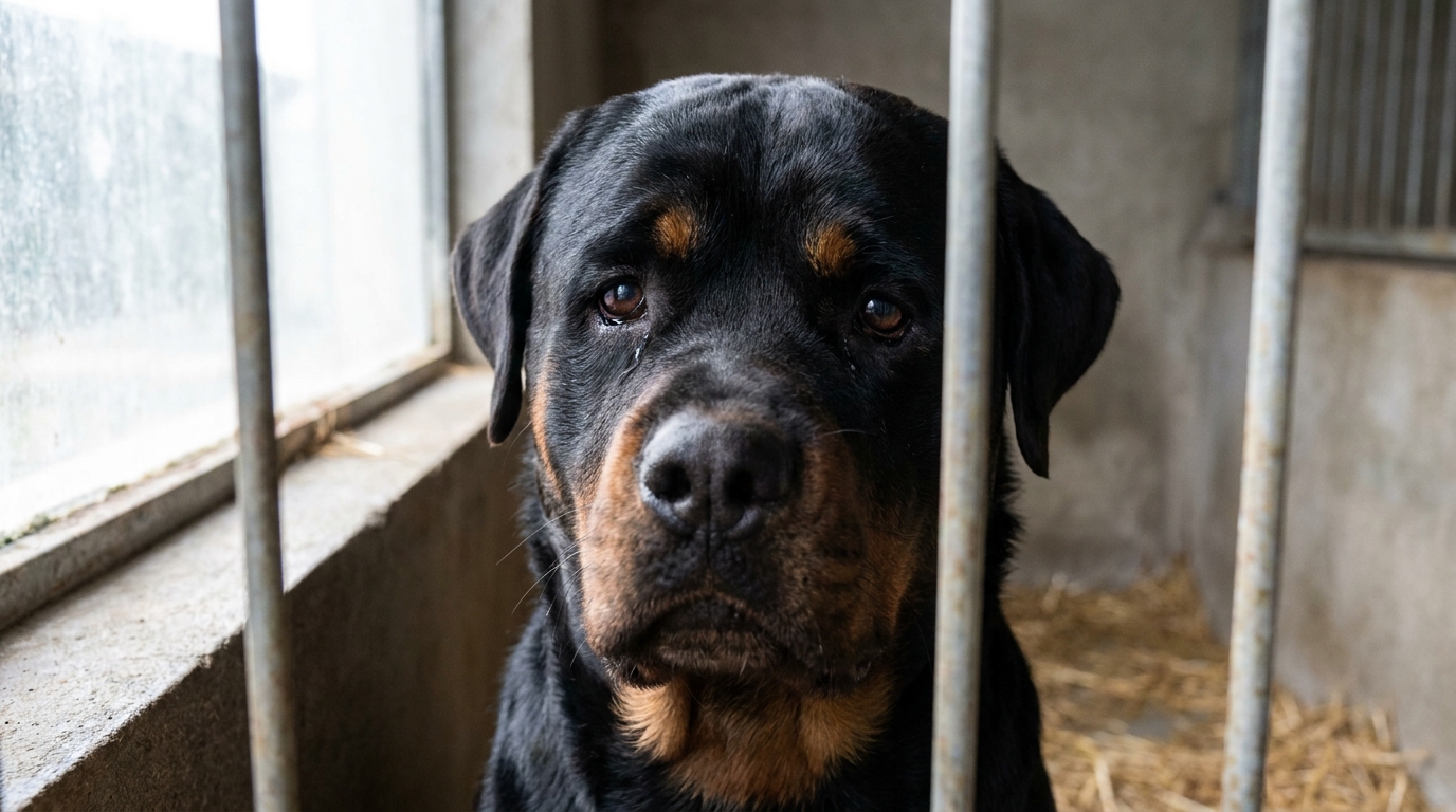 Un rottweiler au regard triste dans un box, symbolisant le sort d'Uko, un chien menacé d'euthanasie après une morsure à Anglet.