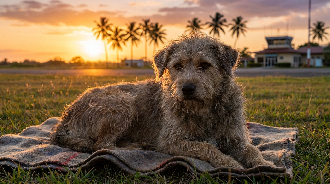 Un chien d'apparence affaiblie, au pelage un peu sale, se repose sur une couverture, les yeux empreints de fatigue et de soulagement.