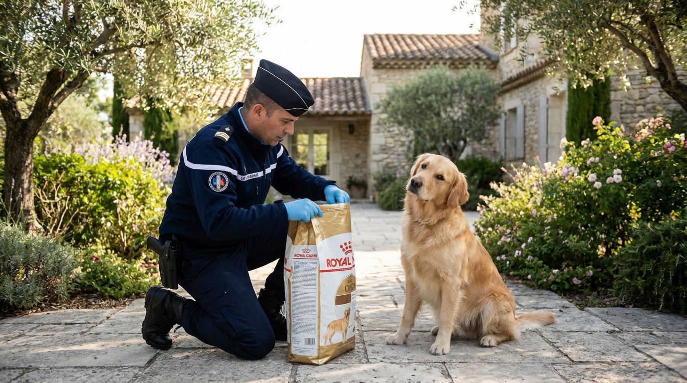 Un sac de croquettes pour chien ouvert, objet d'une enquête de gendarmerie après la découverte d'un trafic de stupéfiants.