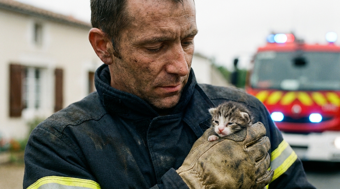 Un sapeur-pompier français en uniforme tient délicatement dans ses mains un minuscule chaton qu'il vient de sauver d'une maison en feu.