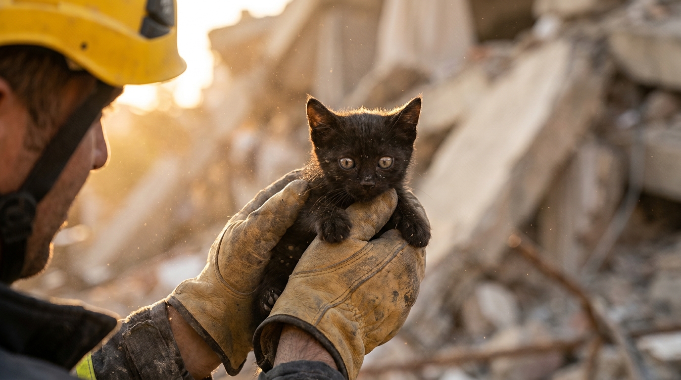 Un petit chat noir, couvert de poussière, est délicatement tenu dans les mains d'un secouriste après un sauvetage dans les décombres d'un séisme.