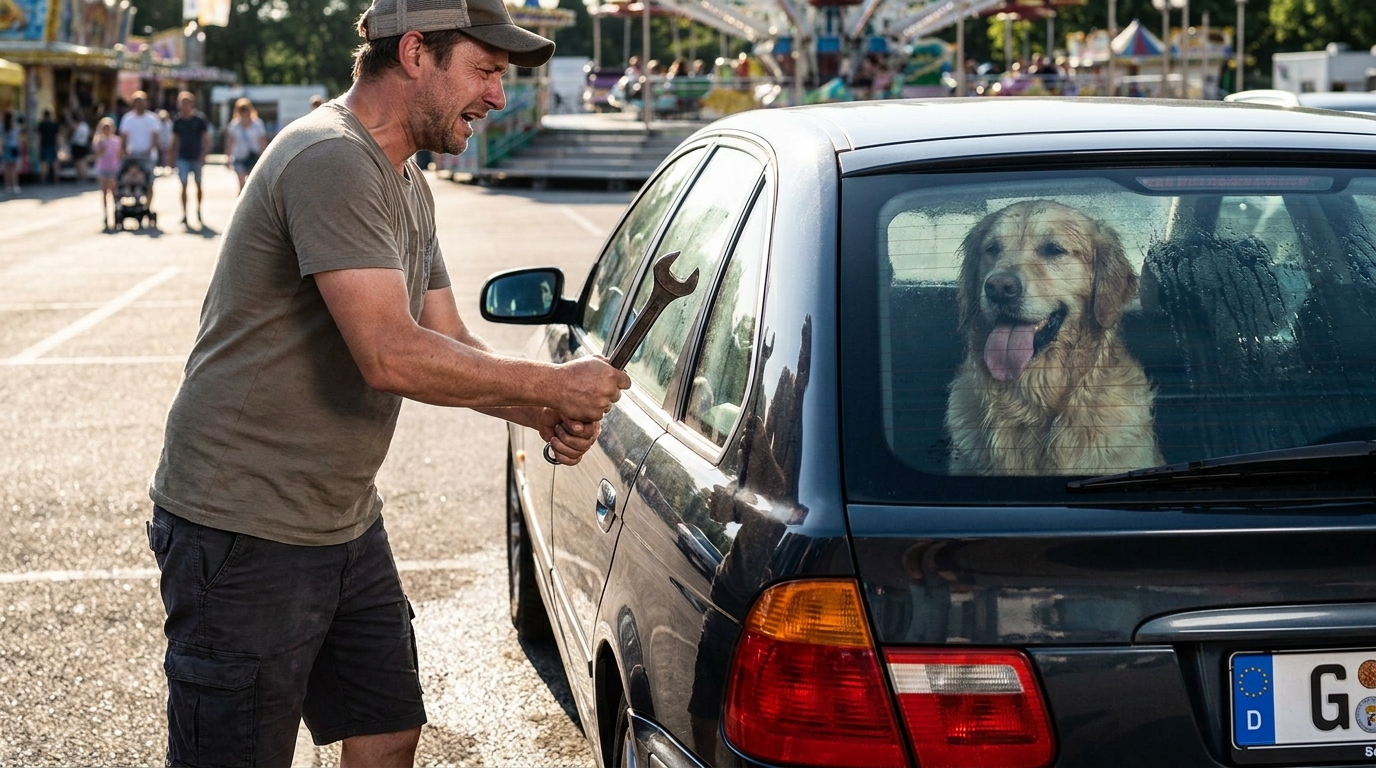 Un chien haletant à l'intérieur d'une voiture en plein soleil est secouru par un passant sur le parking d'un parc d'attractions.