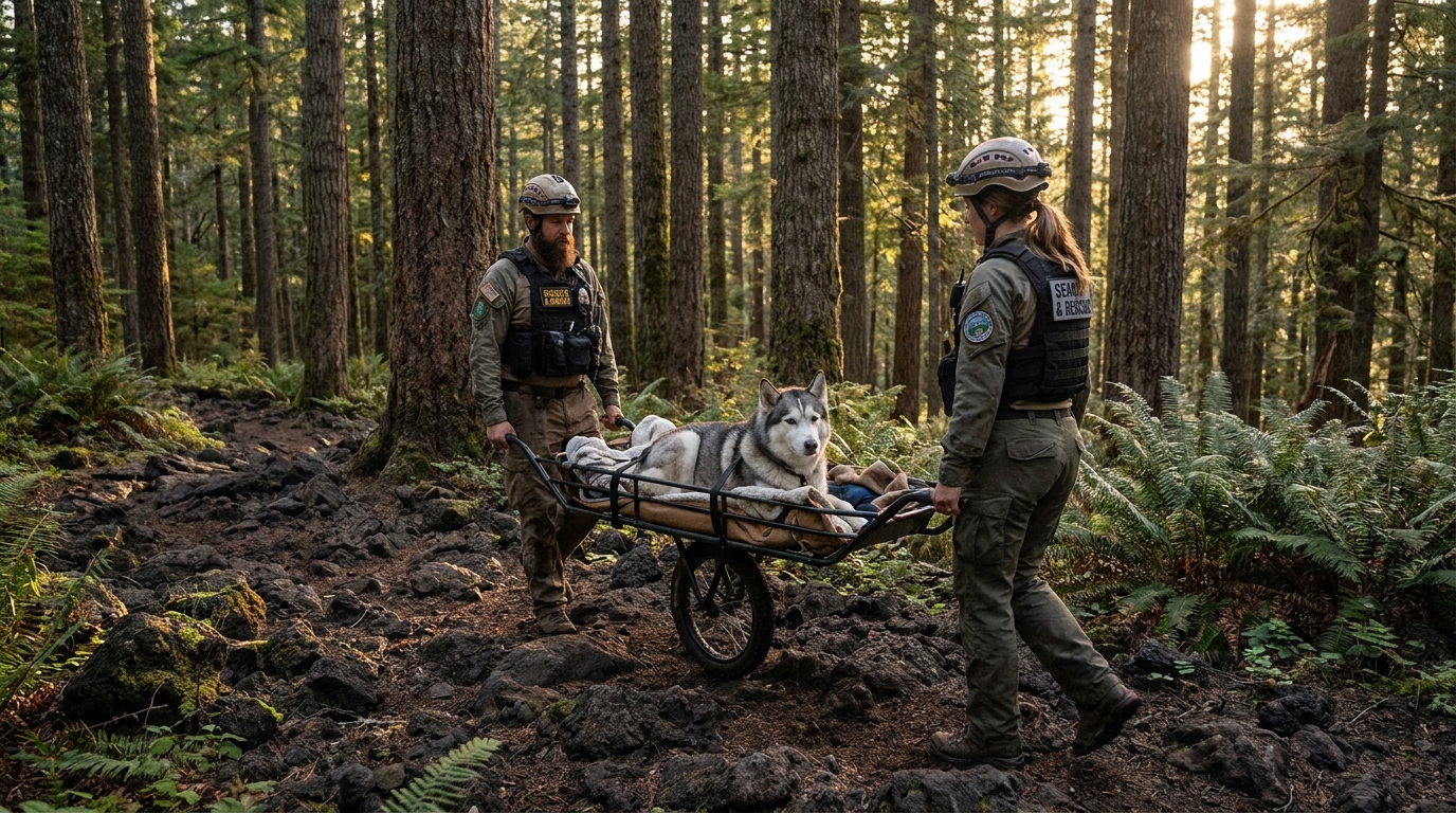 Un Husky Sibérien blessé est transporté avec soin sur une civière sur roue par des secouristes en montagne.