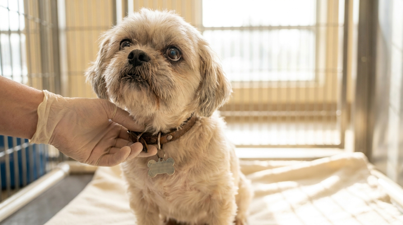 Un Shih Tzu âgé au poil clair est assis sagement dans un refuge, regardant avec espoir, illustrant l'histoire d'un chien retrouvé loin de chez lui.
